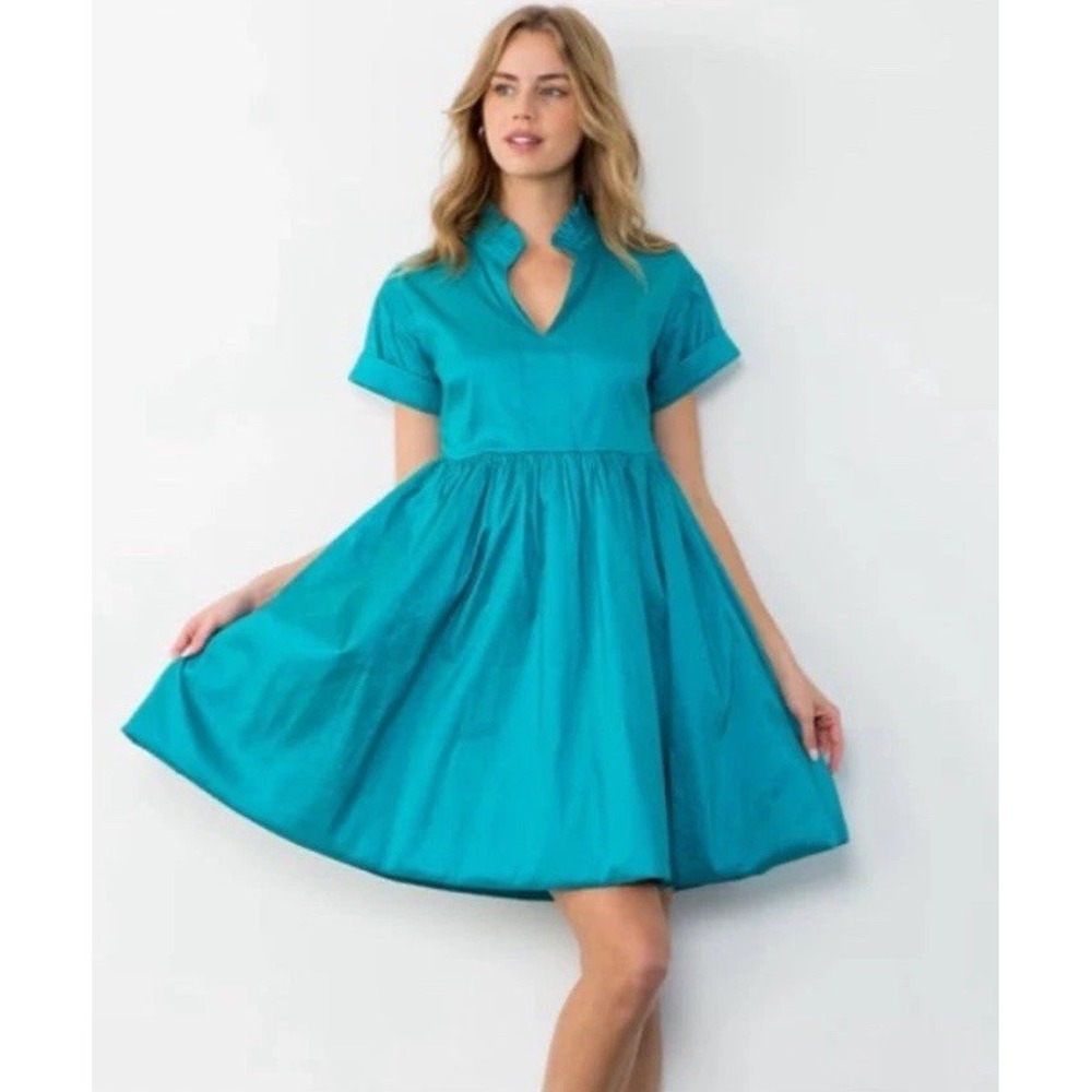 THML Miss Duval Teal Color Split V Neck Ruffled Collar High Waist Shift Dress S